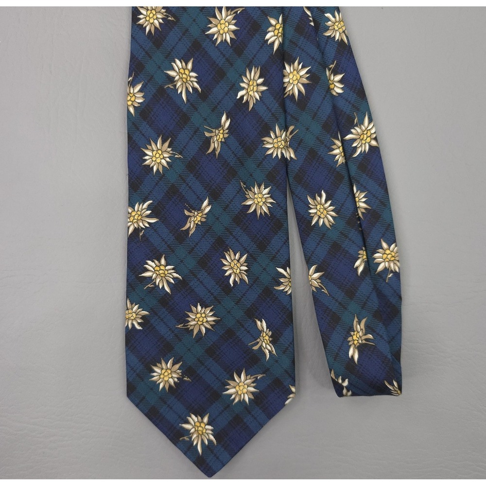 Brooks Brothers Tie Mens Blue Silk Tartan Plaid Edelweiss Floral USA Necktie